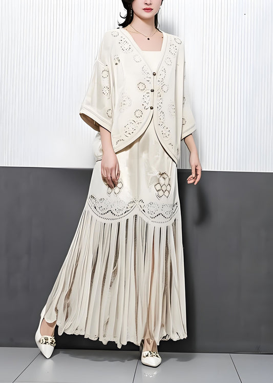 Ensemble deux pièces en coton brodé ajouré à pompons beige moderne pour l'été - Wavlynn