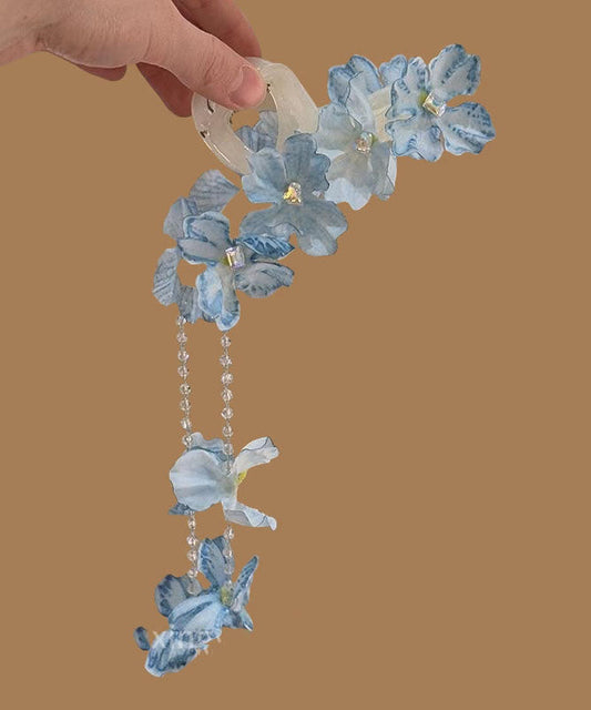 Épingle à cheveux moderne en alliage bleu avec perles florales et pompon - Wavlynn