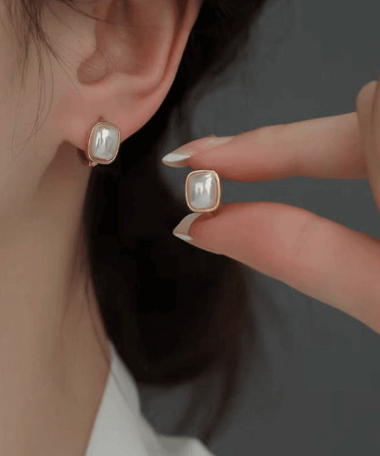 Boucles d'oreilles créoles modernes en alliage de cuivre doré et perles carrées - Wavlynn