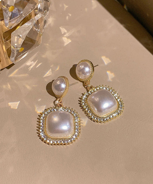 Boucles d'oreilles pendantes modernes en alliage de cuivre doré et perles de zircon - Wavlynn