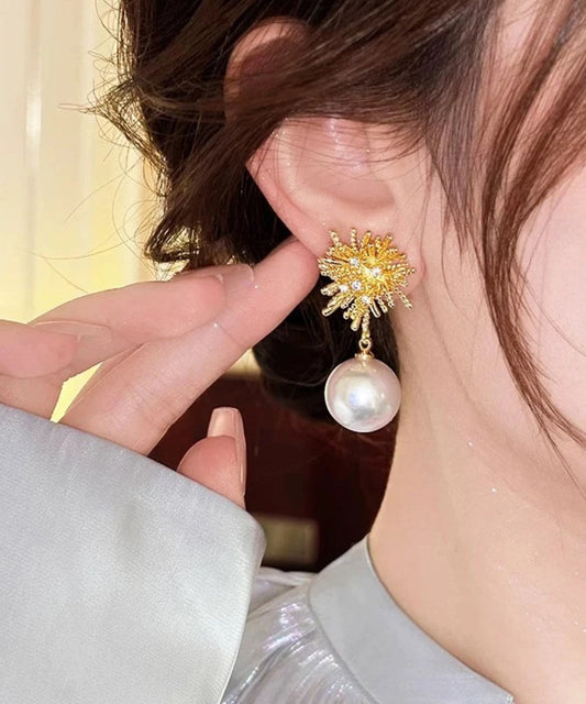 Boucles d'oreilles pendantes modernes en alliage de métal doré et zircon avec perles et feux d'artifice - Wavlynn