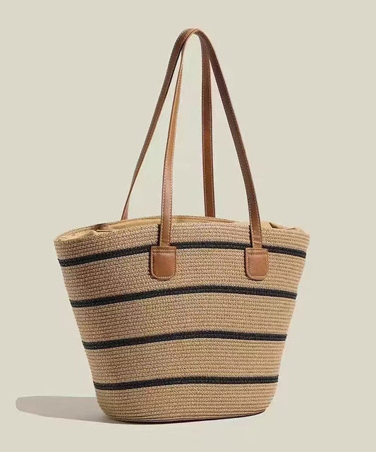 Sac fourre-tout moderne en paille tissée à rayures kaki de grande capacité - Wavlynn