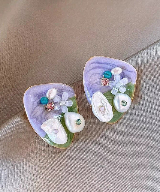 Boucles d'oreilles à tige modernes en alliage violet clair avec perles de riz florales en zircon - Wavlynn