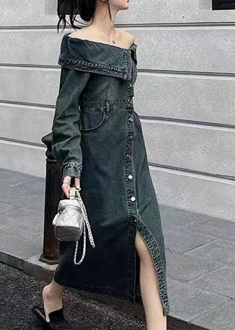 Robes d'été modernes en jean bleu marine à épaules dénudées et ouverture latérale - Wavlynn