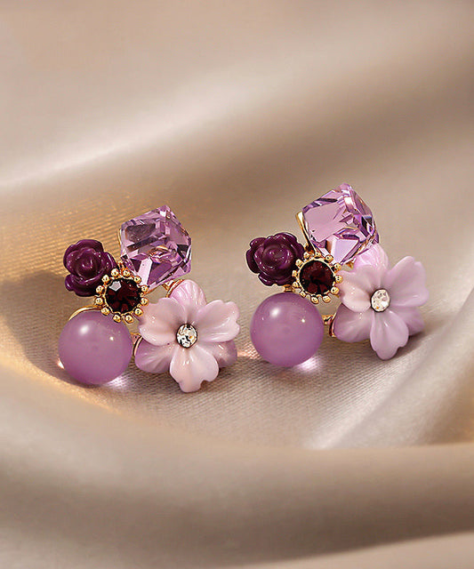 Boucles d'oreilles à tige modernes en argent surdoré violet et cristal - Wavlynn