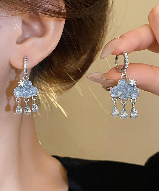 Boucles d'oreilles pendantes modernes et élégantes en argent sterling avec pampilles en forme de nuage et zircon bleu - Wavlynn