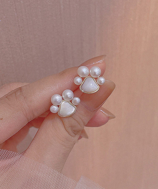 Boucles d'oreilles puces modernes en alliage de cuivre blanc, perle et coquillage, en forme de patte de chat - Wavlynn