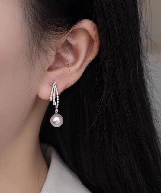 Boucles d'oreilles pendantes modernes en argent sterling et perles de zircon blanc - Wavlynn