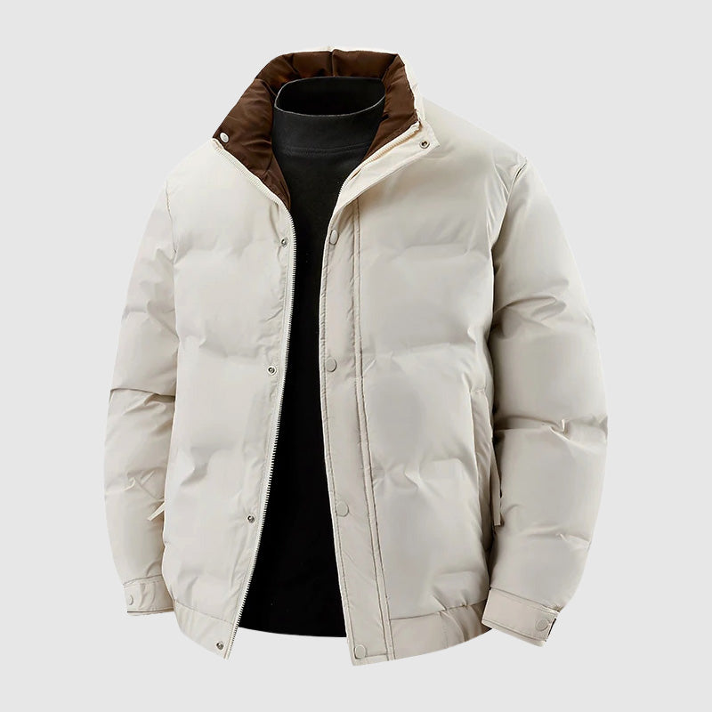 Men's black relaxed fit thick down puffer jacket with zipper pockets, lightweight insulated winter coat