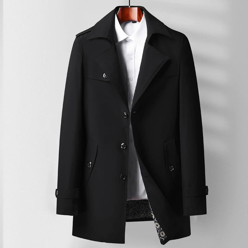 Beige heritage tailored men's trench coat with modern urban silhouette and refined drape