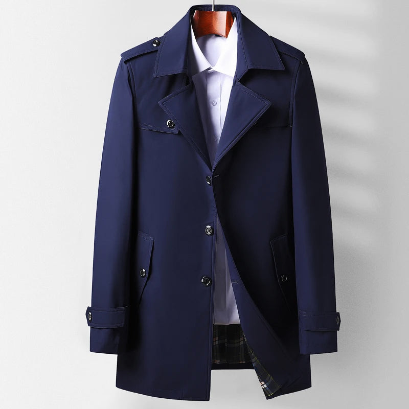 Beige men's heritage tailored trench coat with city-smart silhouette and refined polyester drape