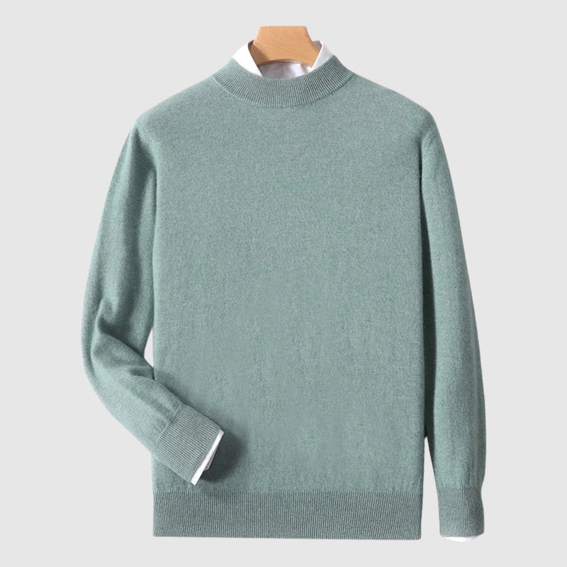 Minimalist crewneck wool sweater in neutral tone with ribbed neckline and cuffs, slim knit silhouette