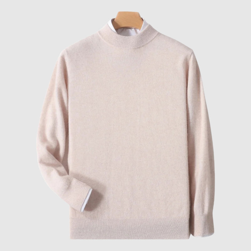 Minimalist crewneck wool sweater in neutral tones, slim-fit knit with ribbed neckline and cuffs