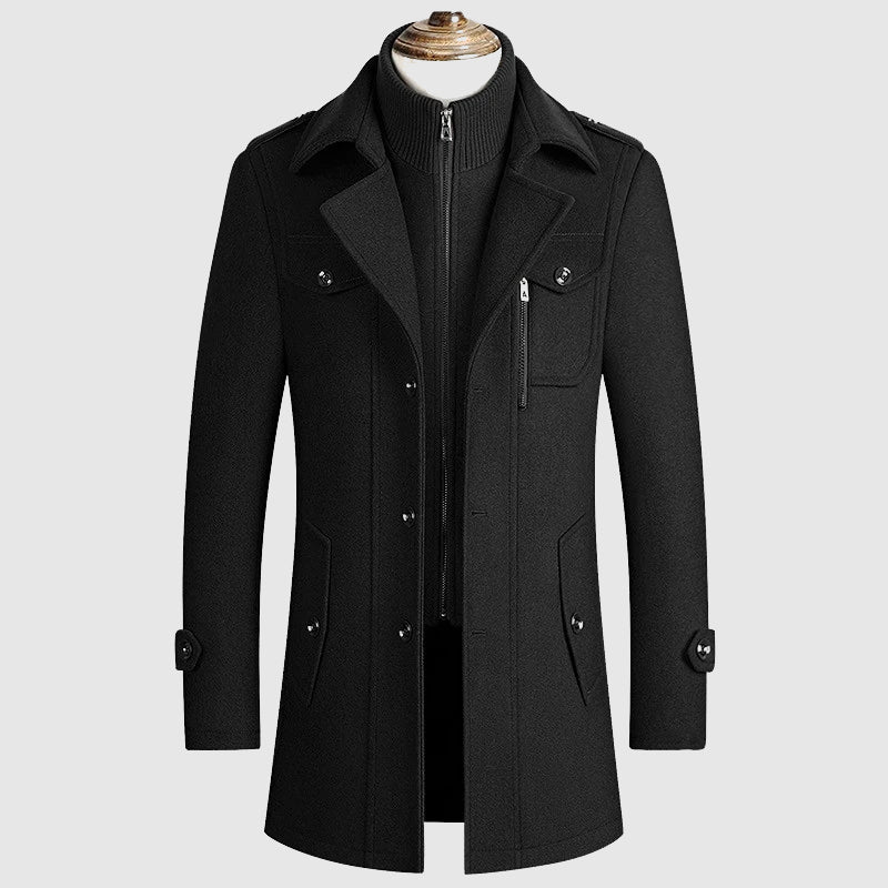 Men's gray wool blend tailored coat with zipper chest pocket and classic structured silhouette
