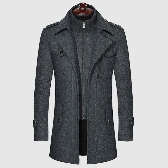 Men's charcoal wool blend tailored coat with zipper chest pocket and classic structured silhouette