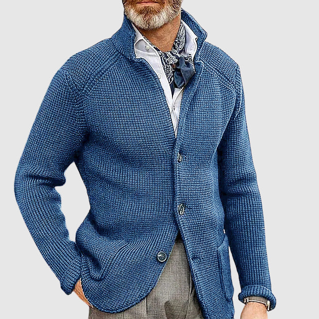 Ivory waffle-weave tailored button cardigan with soft-lapel collar and structured silhouette