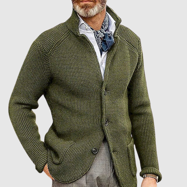 Ivory waffle-weave tailored button cardigan with soft lapel collar and structured silhouette