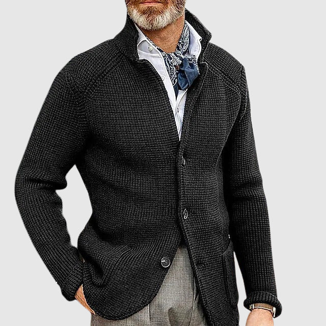 Ivory waffle-knit tailored button cardigan with soft lapel collar and structured silhouette
