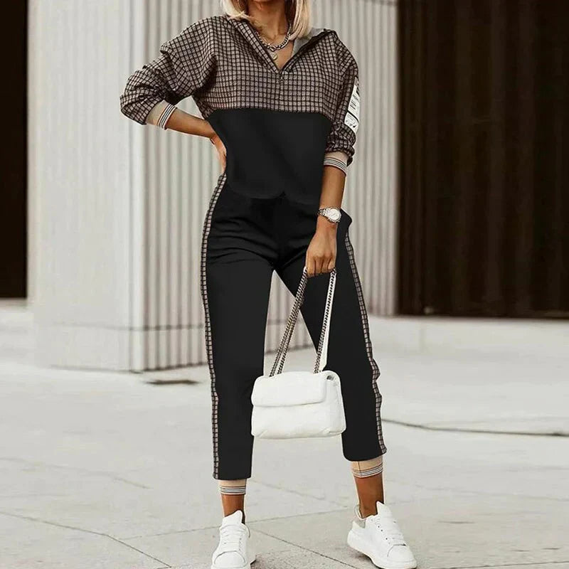 Women's relaxed fit zip tracksuit set with animal print accents, two-piece casual streetwear
