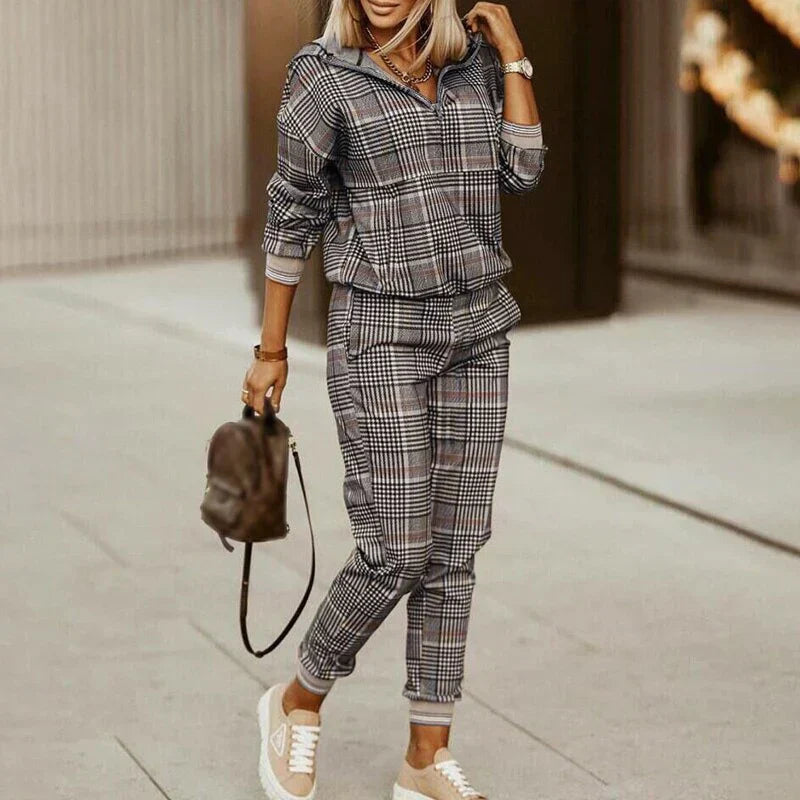 Women's relaxed fit zip tracksuit set with animal print accents, two-piece lounge streetwear
