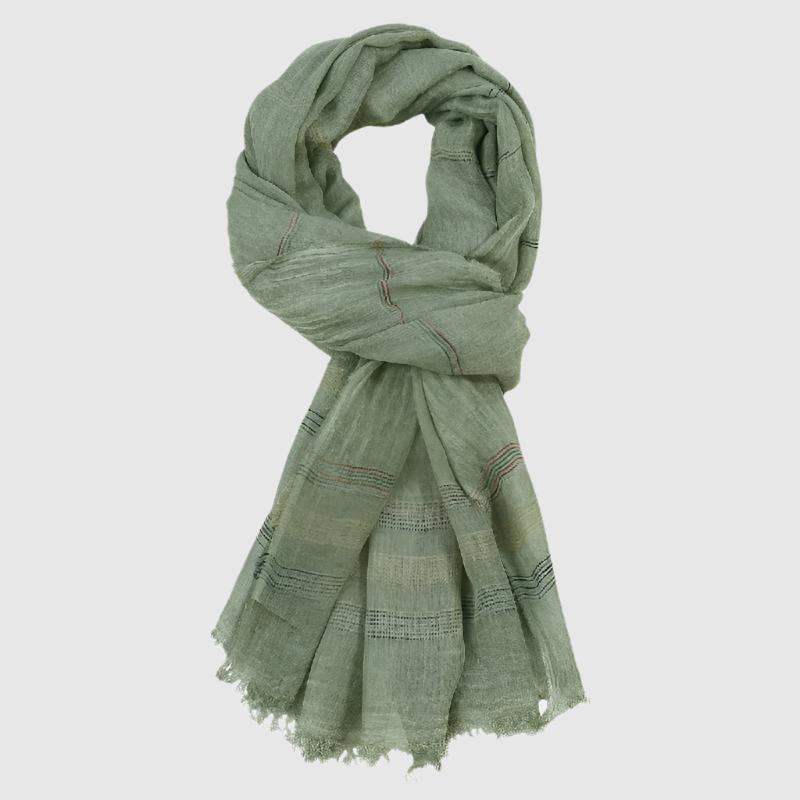 Monferrato woven cotton blend scarf with raw edges, bohemian striped pattern, lightweight breathable design