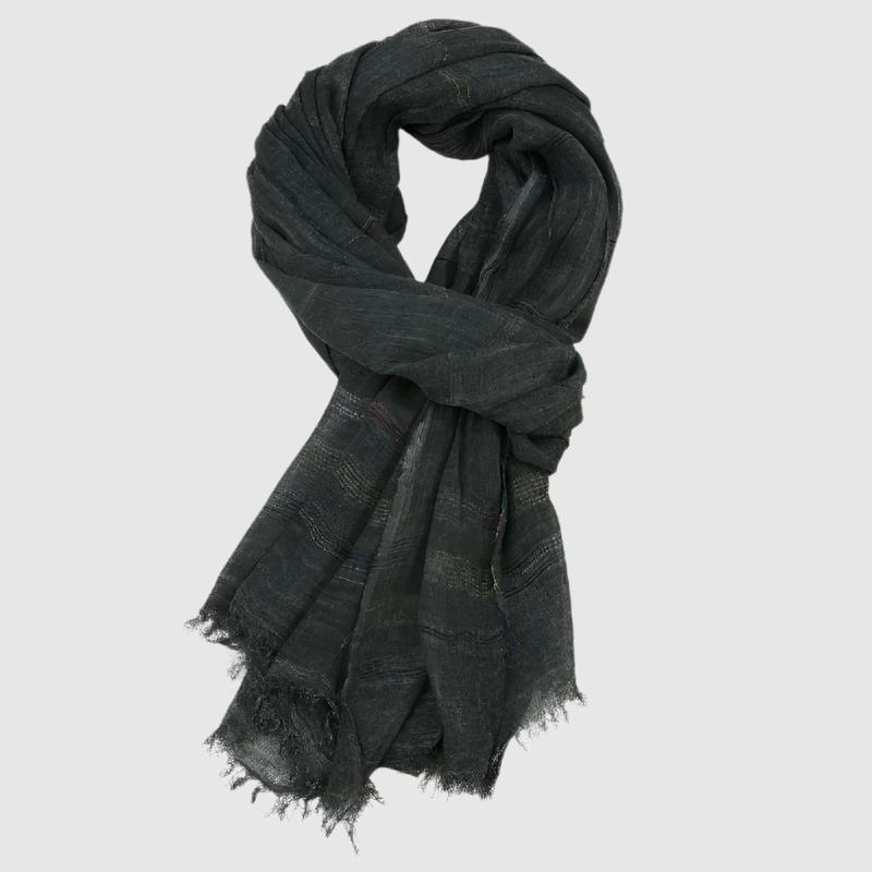 Monferrato woven cotton blend scarf with multicolor stripes, raw edges, and bohemian style