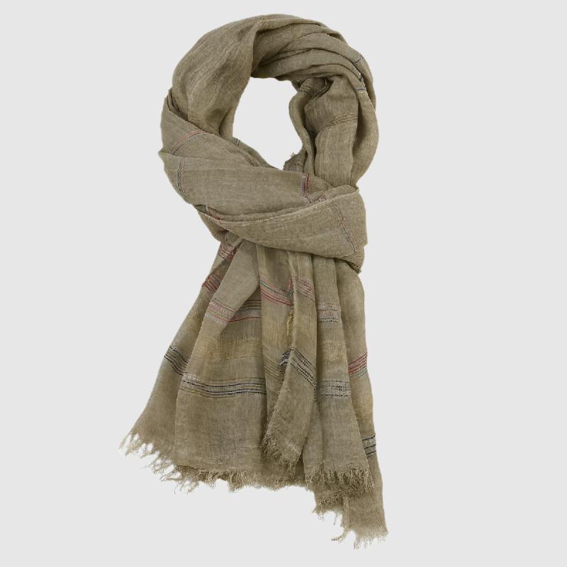 Monferrato woven cotton scarf with multicolor stripes, raw edges, and bohemian-inspired lightweight design