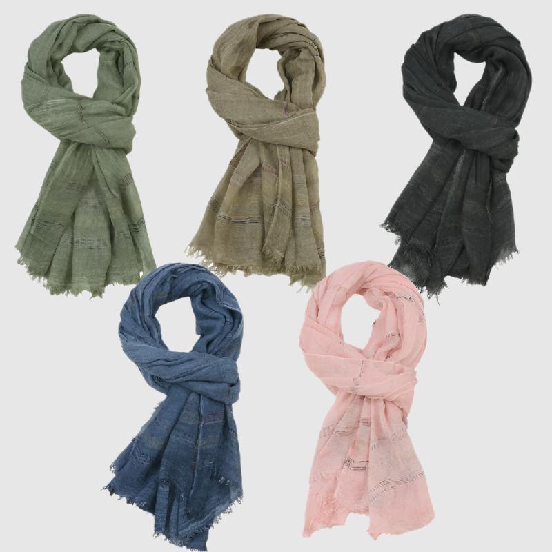Monferrato woven cotton blend scarf with raw edges, striped bohemian style, lightweight year-round wear