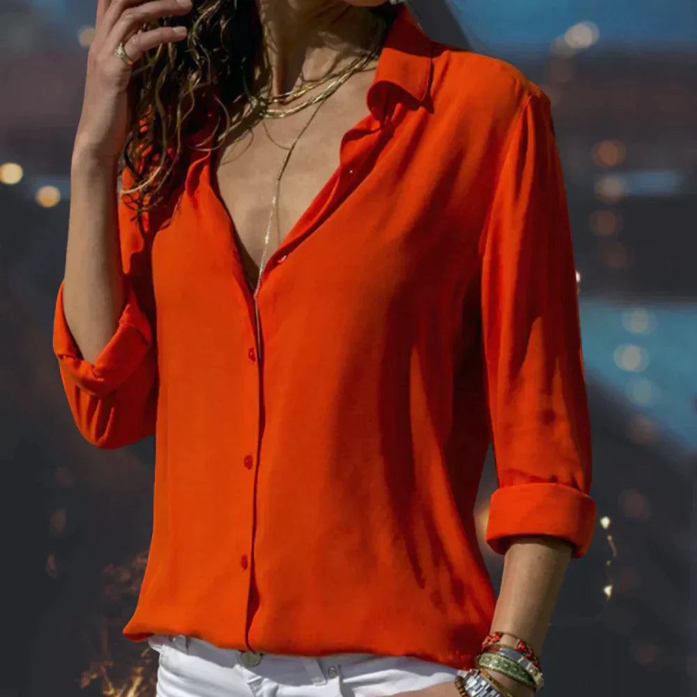 Women's satin button-down blouse long sleeve light fluid fabric collared shirt classic style