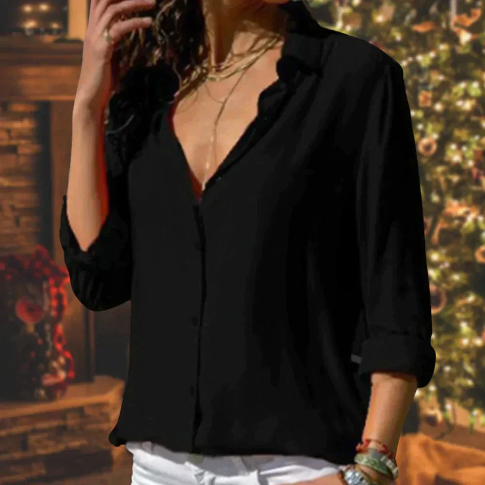 Women's satin button-down blouse long sleeve collared shirt in fluid silky fabric