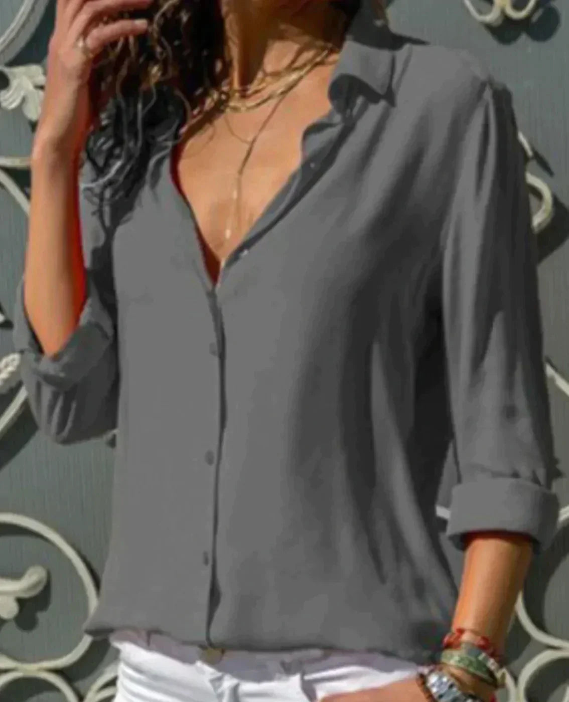 Women's satin button-down blouse long sleeve collared shirt in fluid light fabric elegant drape