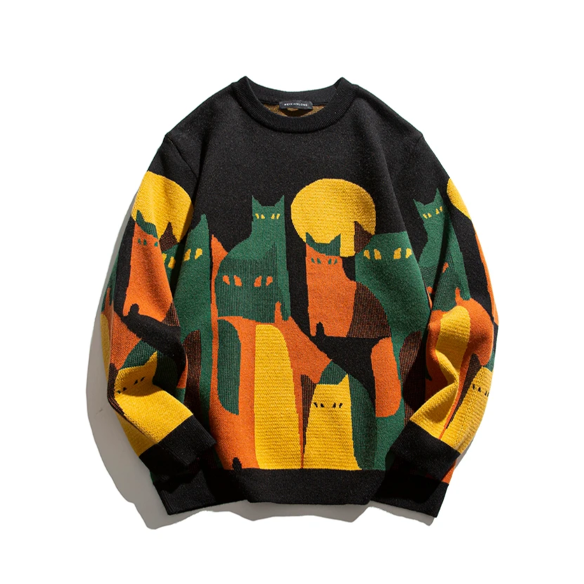 Cozy knit sweater with moonlit cat graphic print, soft relaxed fit in neutral tones