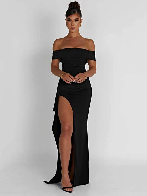 Fitted off-shoulder evening gown with high slit, elegant formal silhouette for women