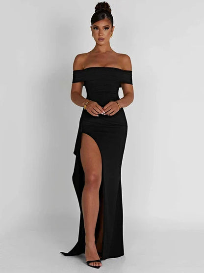 Fitted off-shoulder evening gown with high slit, elegant formal silhouette for women
