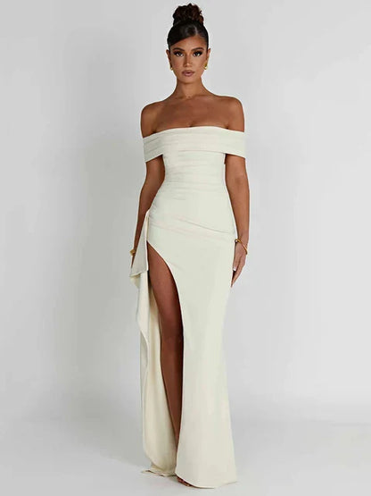 Elegant off-shoulder fitted evening gown with high slit, perfect for formal occasions