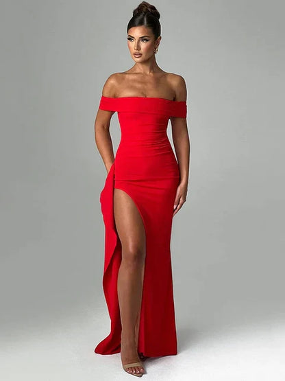 Women's off-shoulder fitted evening gown with high slit, elegant formal silhouette in classic style