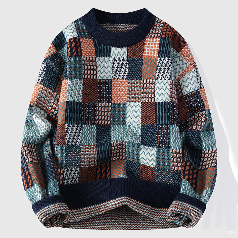 Multicolor chunky knit winter sweater with colorful patchwork design and textured weave