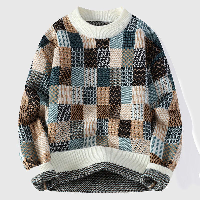 Multicolor chunky knit winter sweater with colorful patchwork design and textured weave