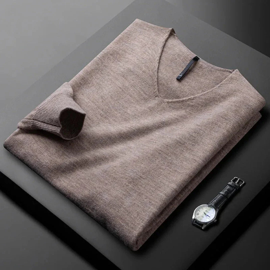 Women's cashmere blend V-neck sweater with contrast trim, tailored fit, lightweight warmth