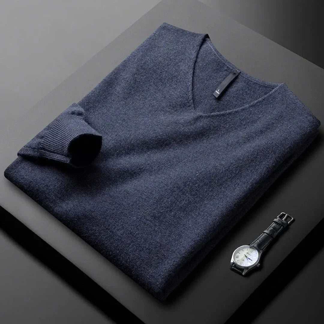 Women's cashmere blend V-neck sweater with contrast trim, tailored fit, lightweight and elegant