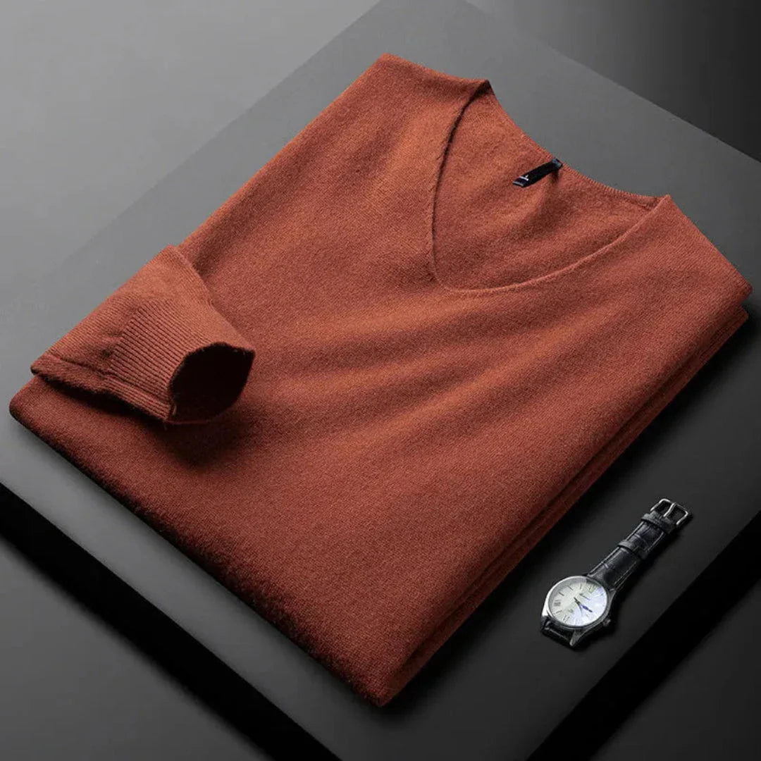 Women's cashmere blend V-neck sweater with contrast trim, tailored fit, lightweight warmth