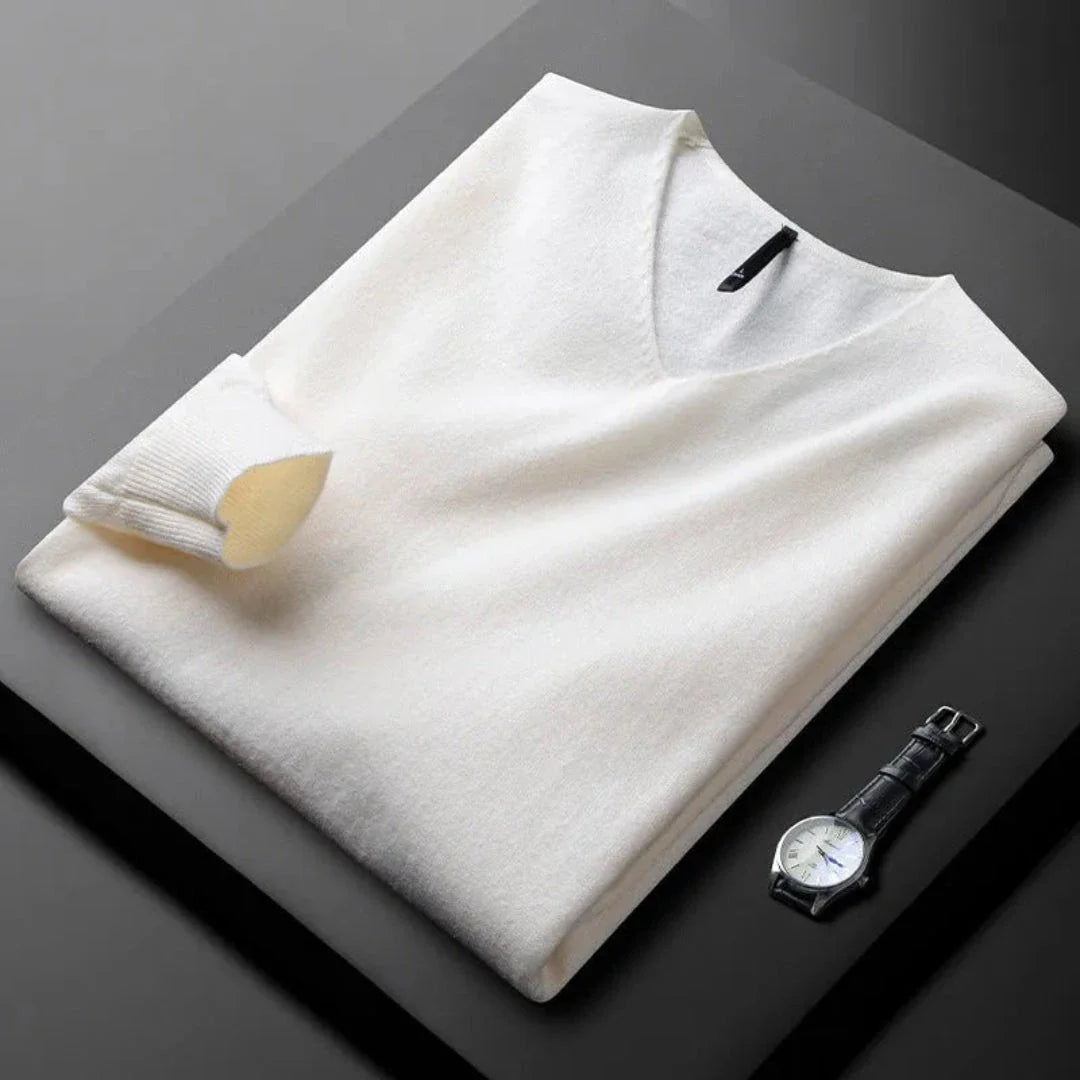Women's ivory cashmere V-neck sweater with contrast trim, tailored fit, lightweight luxurious blend