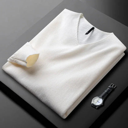 Women's ivory cashmere V-neck sweater with contrast trim, tailored fit, lightweight luxurious blend