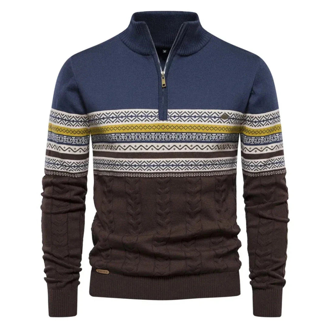 Myles striped quarter-zip sweater with Nordic-inspired pattern, ribbed cuffs, and premium knit fabric