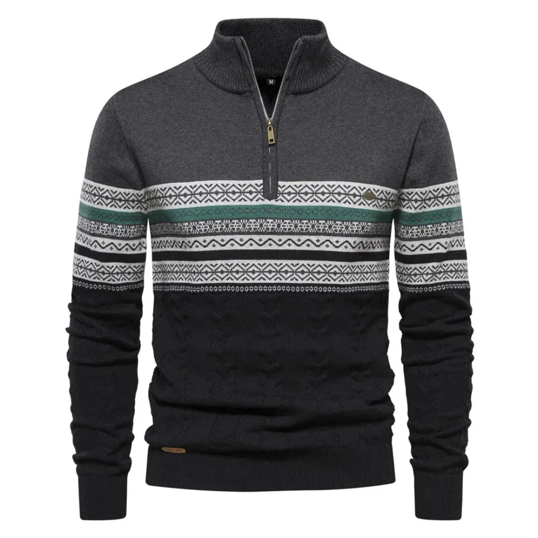 Myles striped quarter-zip knit sweater with Nordic pattern, ribbed cuffs, and cozy winter fit