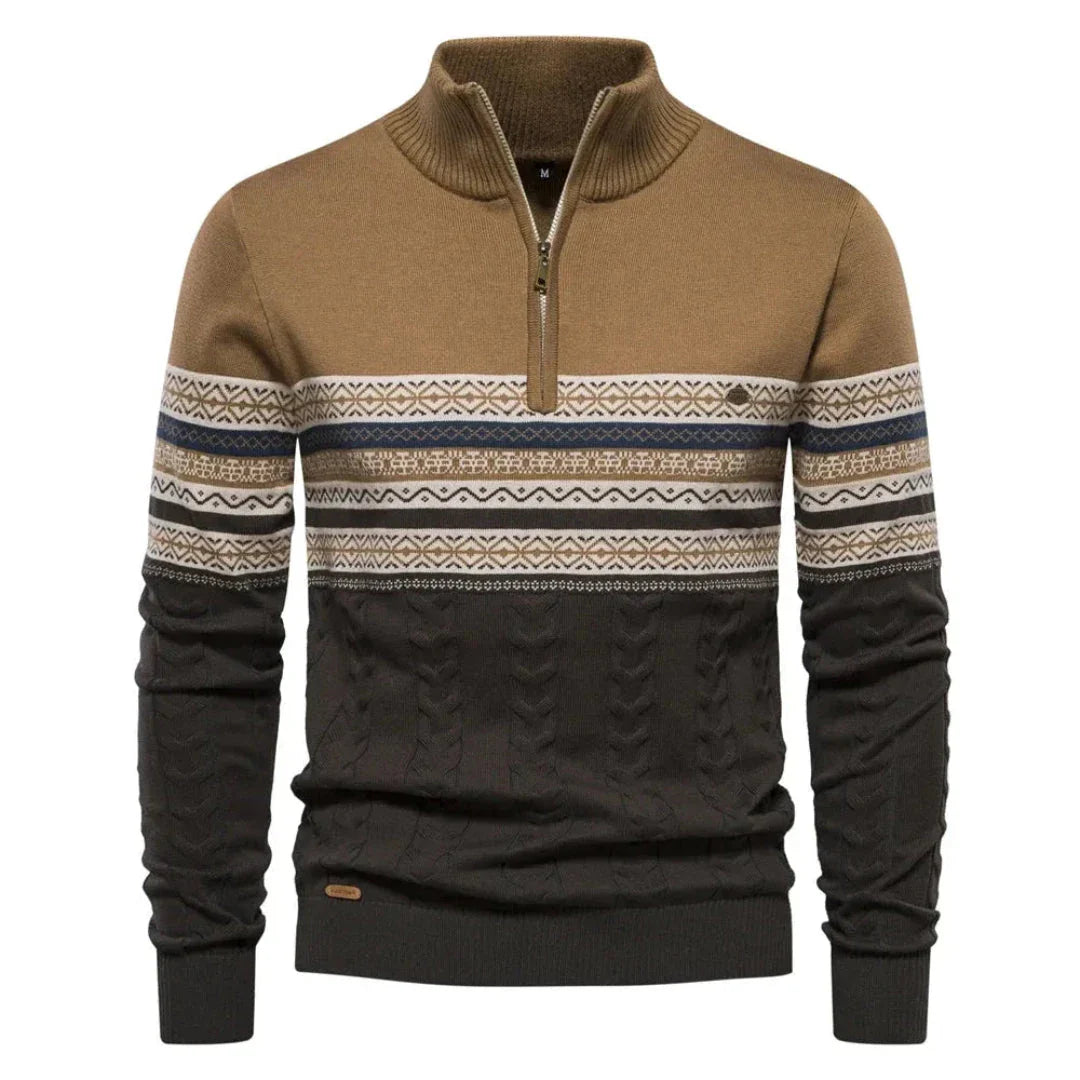 Myles striped quarter-zip sweater with Nordic pattern, ribbed cuffs, premium knit fabric