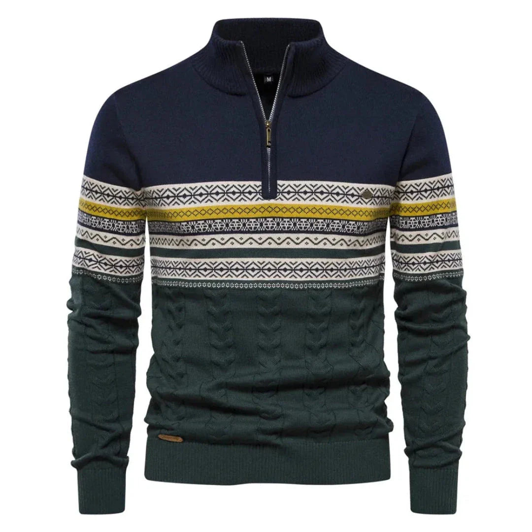 Myles striped quarter-zip knit sweater with Nordic pattern, ribbed cuffs, cozy winter style