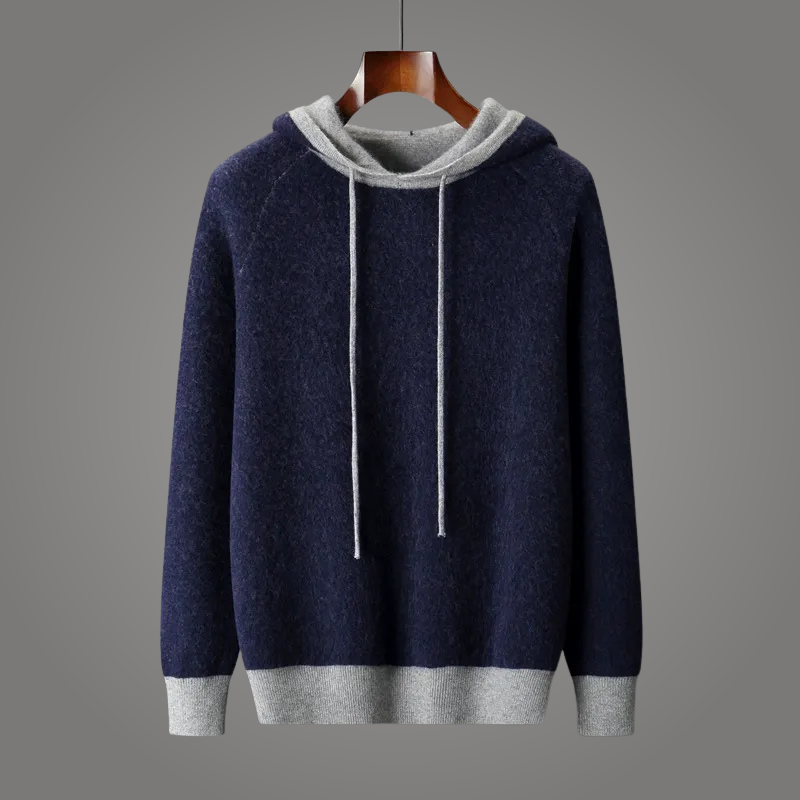 Oversized heather grey cashmere hoodie with contrast trim detailing at hood and hem, relaxed fit