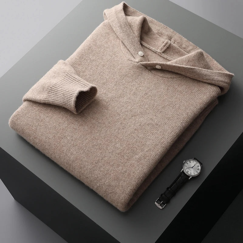 NOAM wool-cotton blend hoodie in neutral tone with two-tone hood detail and streamlined kangaroo pocket fit