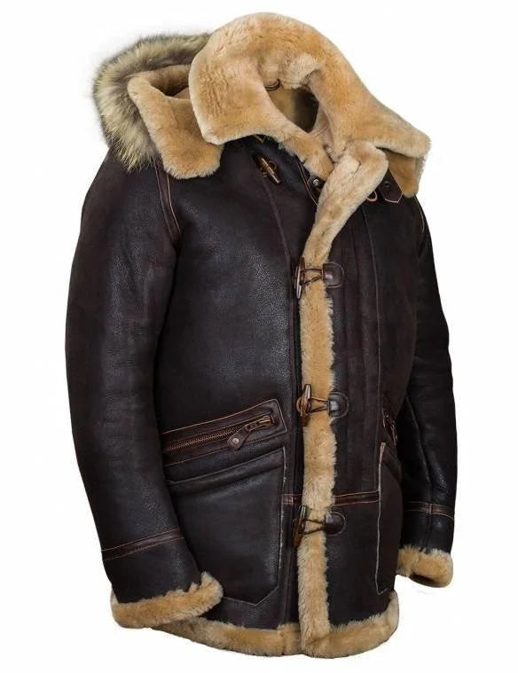Men's black hooded leather-like jacket with plush fur-trim lining and toggle closure winter coat